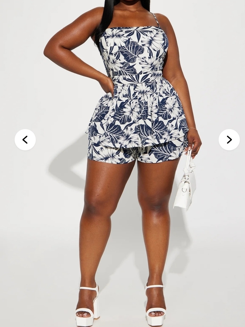 Fashion Nova Navy & White Floral Tiered Romper